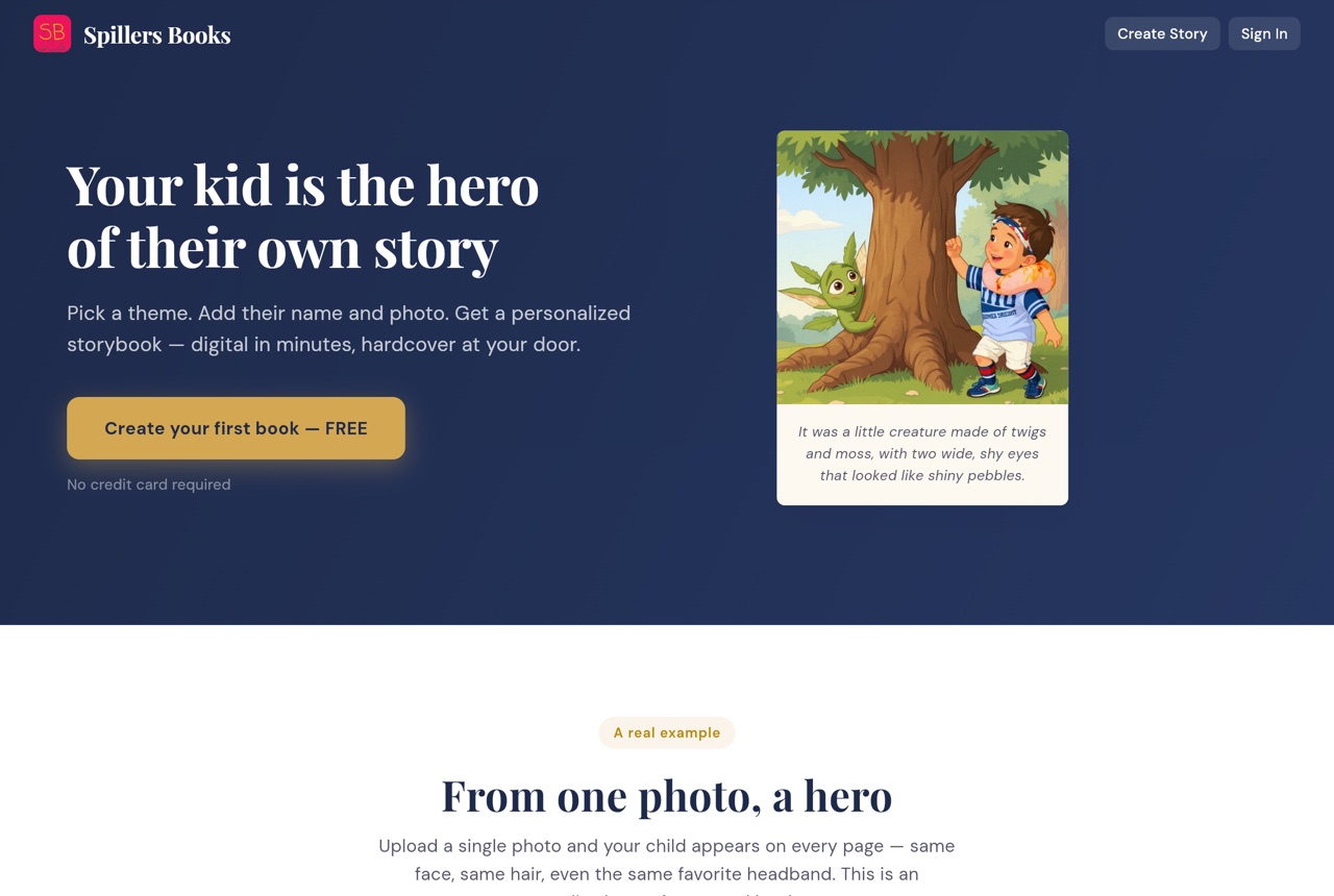 The Spillers Books app: pick a theme, add your child's name and photo, and get a personalized storybook