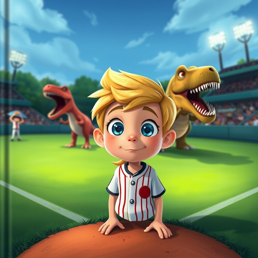 A boy playing baseball alongside dinosaurs in a custom book
