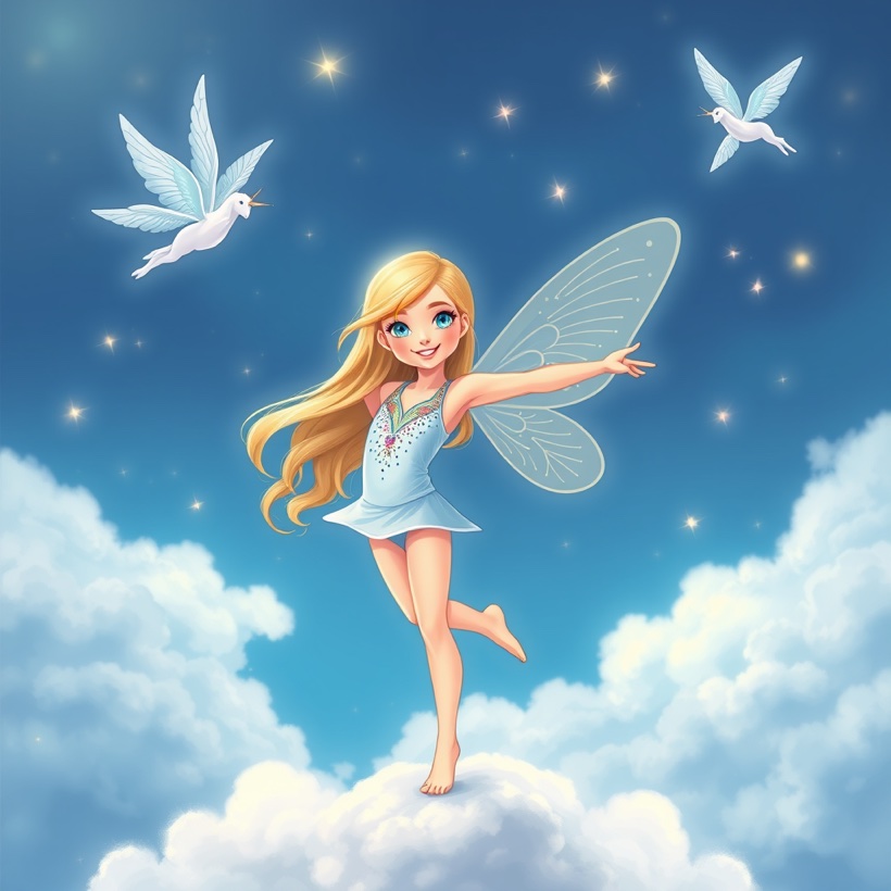 A girl as a winged fairy in her own storybook