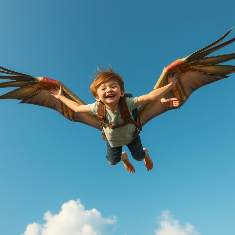 A child soaring through the sky in a personalized book illustration