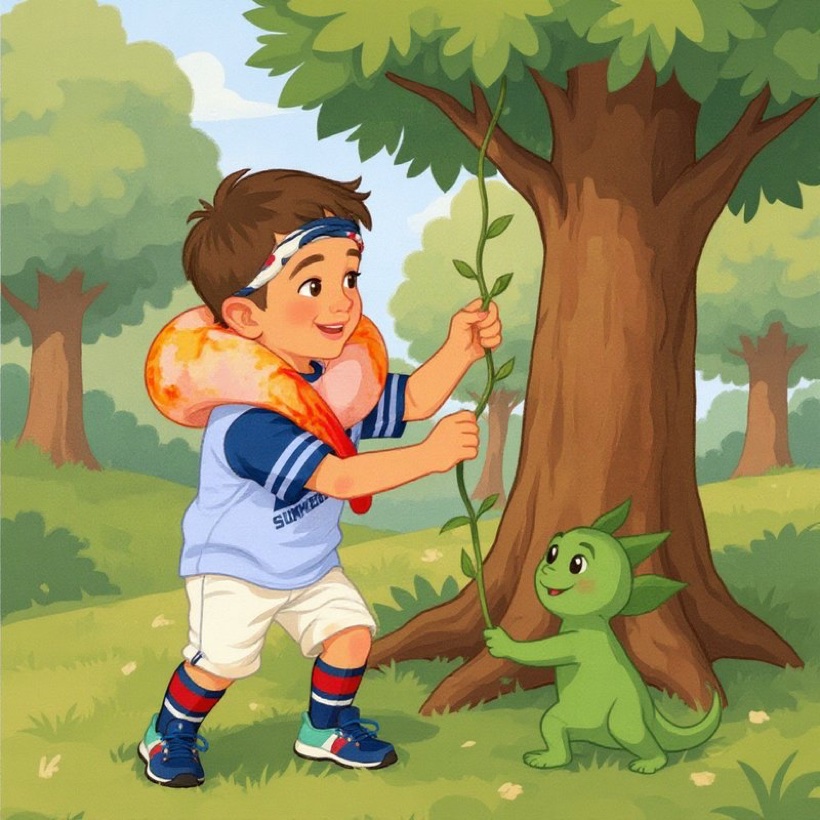 A young boy meeting a friendly forest creature — a page from a personalized Spillers Books storybook